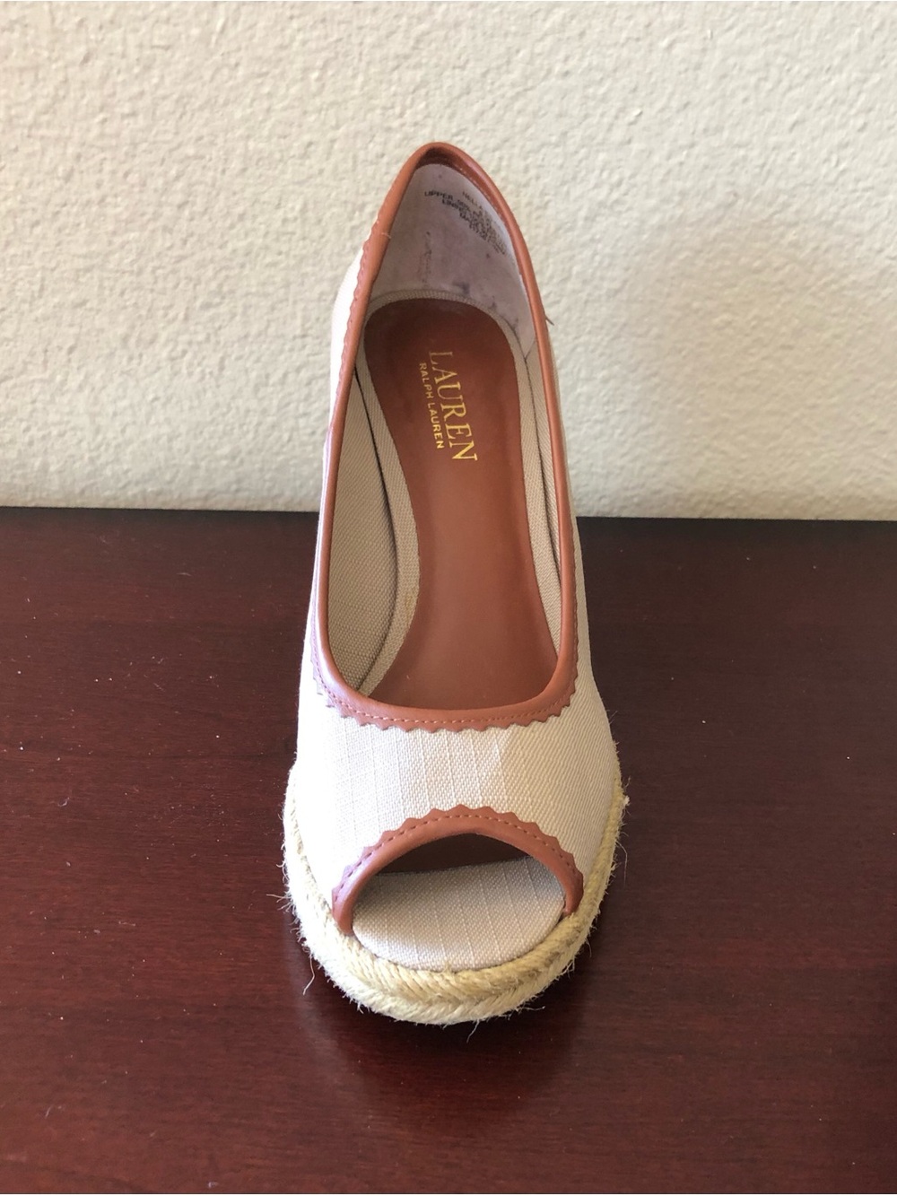 Lauren Ralph Lauren Cream Peep-Toe Espadrille Wedge with Brown Trim